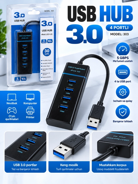USB Hub 3.0, 4-портовый USB разветвитель, компактный адаптер