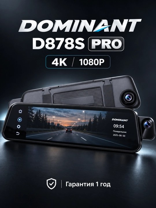 Видеорегистратор DOMINANT 4K, Wi-Fi, 2/3 камеры, ADAS/BSD, CarPlay, 32/64 ГБ