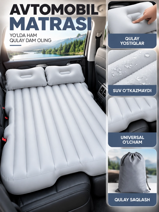 Avtomobil matras, orqa o‘rindiq uchun puflanadigan model, kulrang