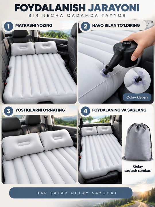 Avtomobil matras, orqa o‘rindiq uchun puflanadigan model, kulrang