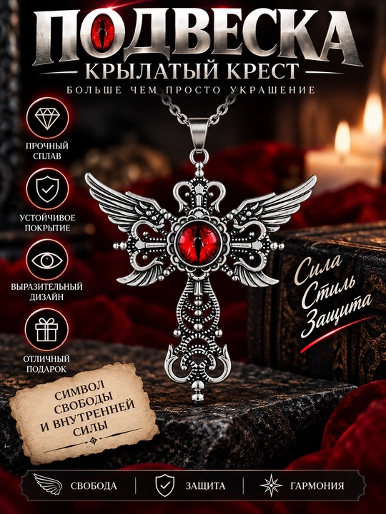 Jin ko‘zli qanotli gotik xoch marjon, qizil yoki ko‘k ko‘zli pank kulon - 