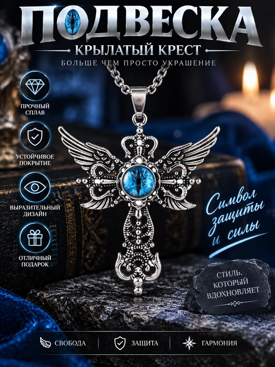 Jin ko‘zli qanotli gotik xoch marjon, qizil yoki ko‘k ko‘zli pank kulon - 