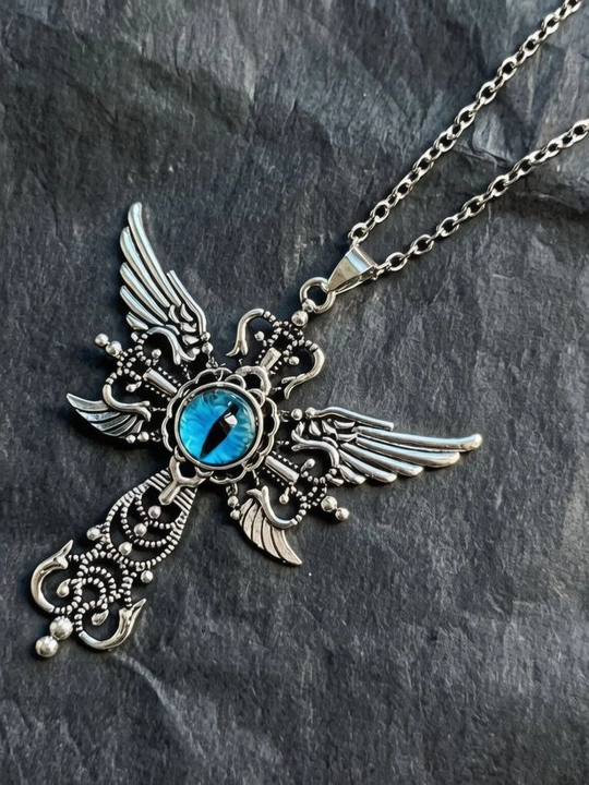 Jin ko‘zli qanotli gotik xoch marjon, qizil yoki ko‘k ko‘zli pank kulon