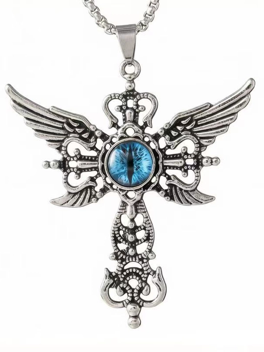 Jin ko‘zli qanotli gotik xoch marjon, qizil yoki ko‘k ko‘zli pank kulon