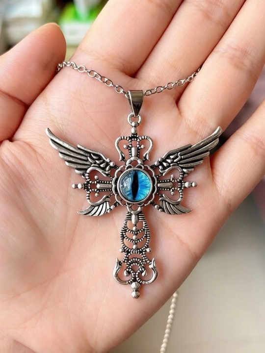Jin ko‘zli qanotli gotik xoch marjon, qizil yoki ko‘k ko‘zli pank kulon