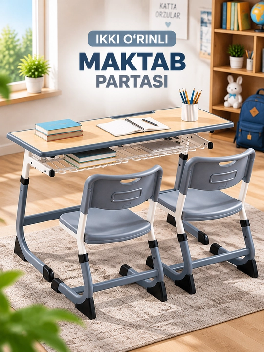 Parta stol bolalar uchun 2 kishilik, 2 ta stul va kitob-daftarlar uchun javonli - 