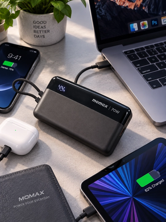 MOMAX 70W Power Bank, portativ tashqi akkumulyator, raqamli displey va o‘rnatilgan kabel