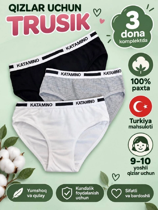 Qizlar uchun Katamino ichki kiyimi, 3 ta to‘plam, 100% paxta - 