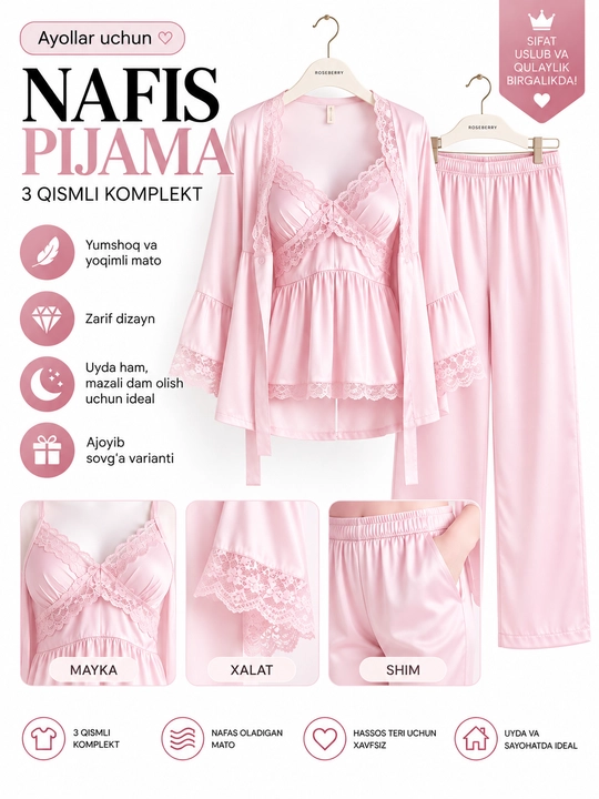 Ayollar uchun 3 qismli atlas pijama komplekti — xalati, maykasi va shim