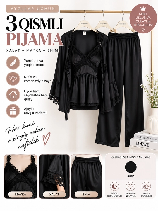 Ayollar uchun 3 qismli atlas pijama komplekti — xalati, maykasi va shim