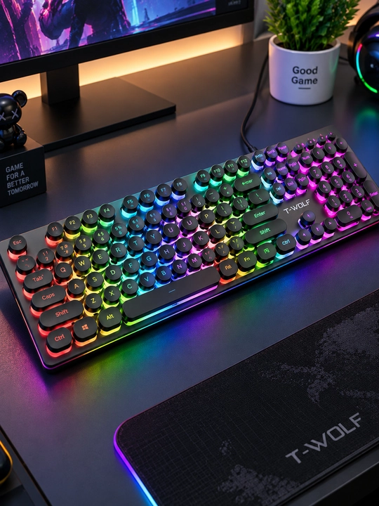 T-WOLF TF270 PUNK Retro игровой комплект клавиатура и мышь с RGB-подсветкой