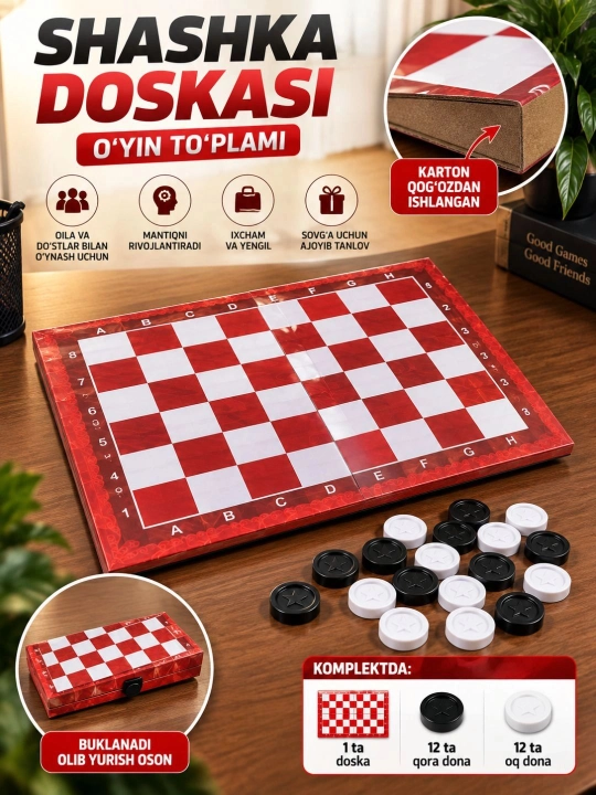 Karton shashka o‘yin to‘plami, buklanadigan doska va qora-oq donalar bilan - 