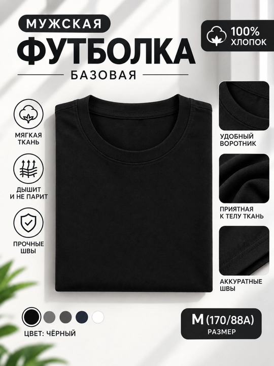 Футболка базовая, универсальная, мужская и женская, однотонная, хлопок - 