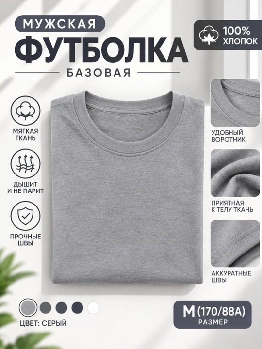 Футболка базовая, универсальная, мужская и женская, однотонная, хлопок - 