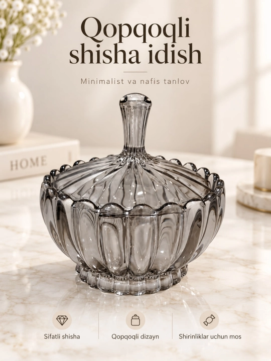 Qopqoqli shisha qanddon - konfetlar, shirinliklar va quruq mevalar uchun nafis vaza - 