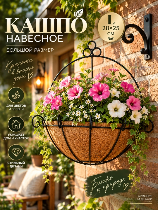 Кашпо для цветов с кокосовым вкладышем, подвесное и настенное, металлическое - 