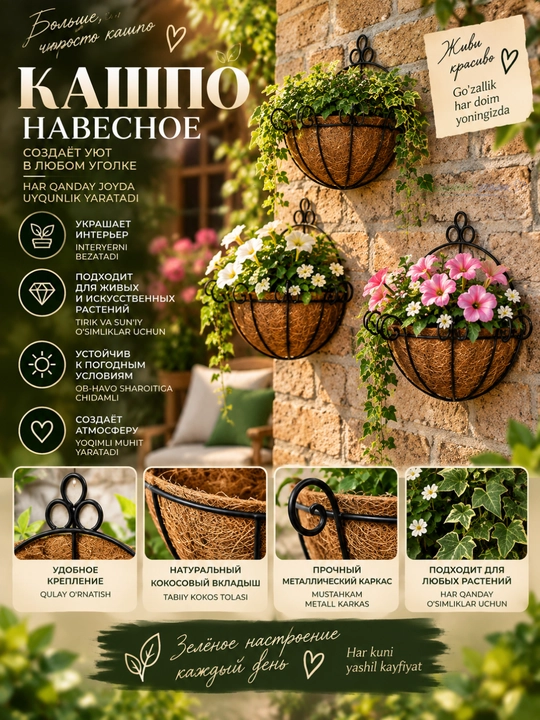 Кашпо для цветов с кокосовым вкладышем, подвесное и настенное, металлическое