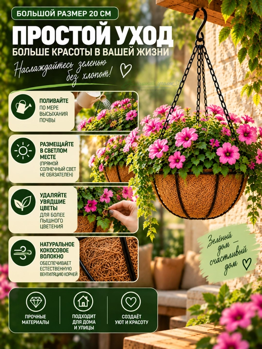Gullar uchun kokos tolali metall kashpo, osma va devorga o‘rnatiladigan