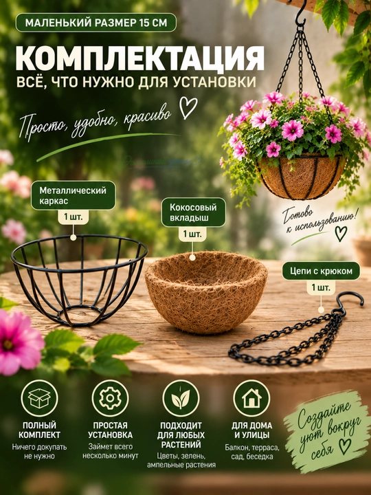 Gullar uchun kokos tolali metall kashpo, osma va devorga o‘rnatiladigan