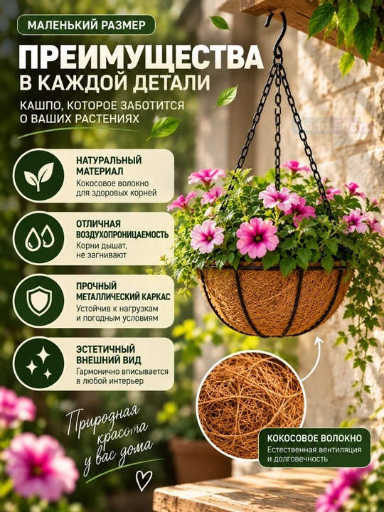 Gullar uchun kokos tolali kashpo, osma / devor uchun, 2 o‘lcham