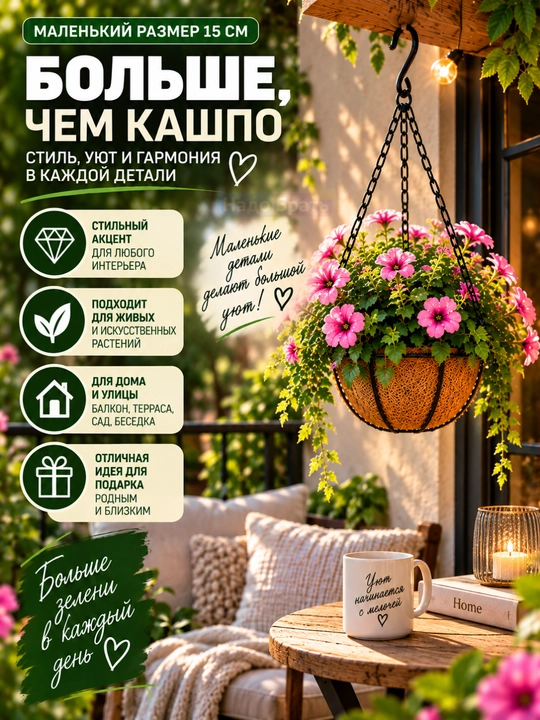 Gullar uchun kokos tolali kashpo, osma / devor uchun, 2 o‘lcham