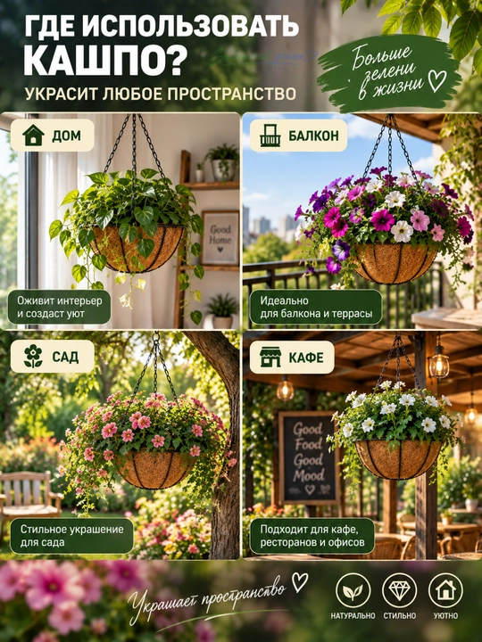 Gullar uchun kokos tolali kashpo, osma / devor uchun, 2 o‘lcham