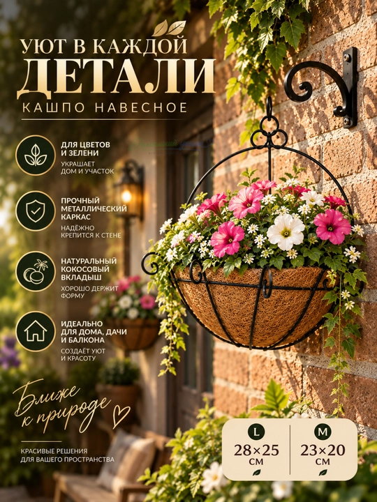 Gullar uchun kokos tolali kashpo, osma / devor uchun, 2 o‘lcham