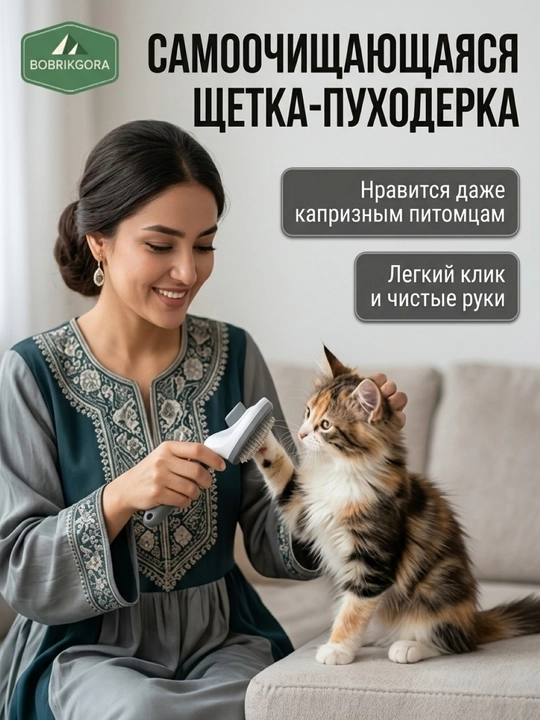 Mushuk va itlar uchun momiq tozalagich cho‘tkasi, o‘z-o‘zini tozalash tugmali taroq