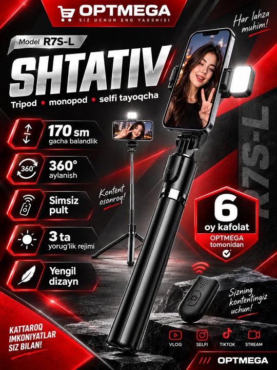 Monopod LED va Bluetooth pulti bilan, smartfonlar, iPhone, Android uchun selfi tayoqchasi - 