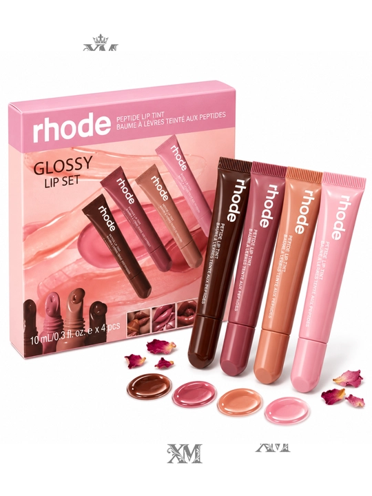 Rhode Glossy lab to‘plami, 4 xil rangdagi lab yaltirog‘i va balzam sovg‘a kosmetikasi