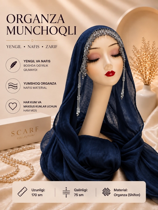 Organza tayyor munchoqli sharf, ayollar uchun hijobi bayramona kundalik bosh ro‘mol - 