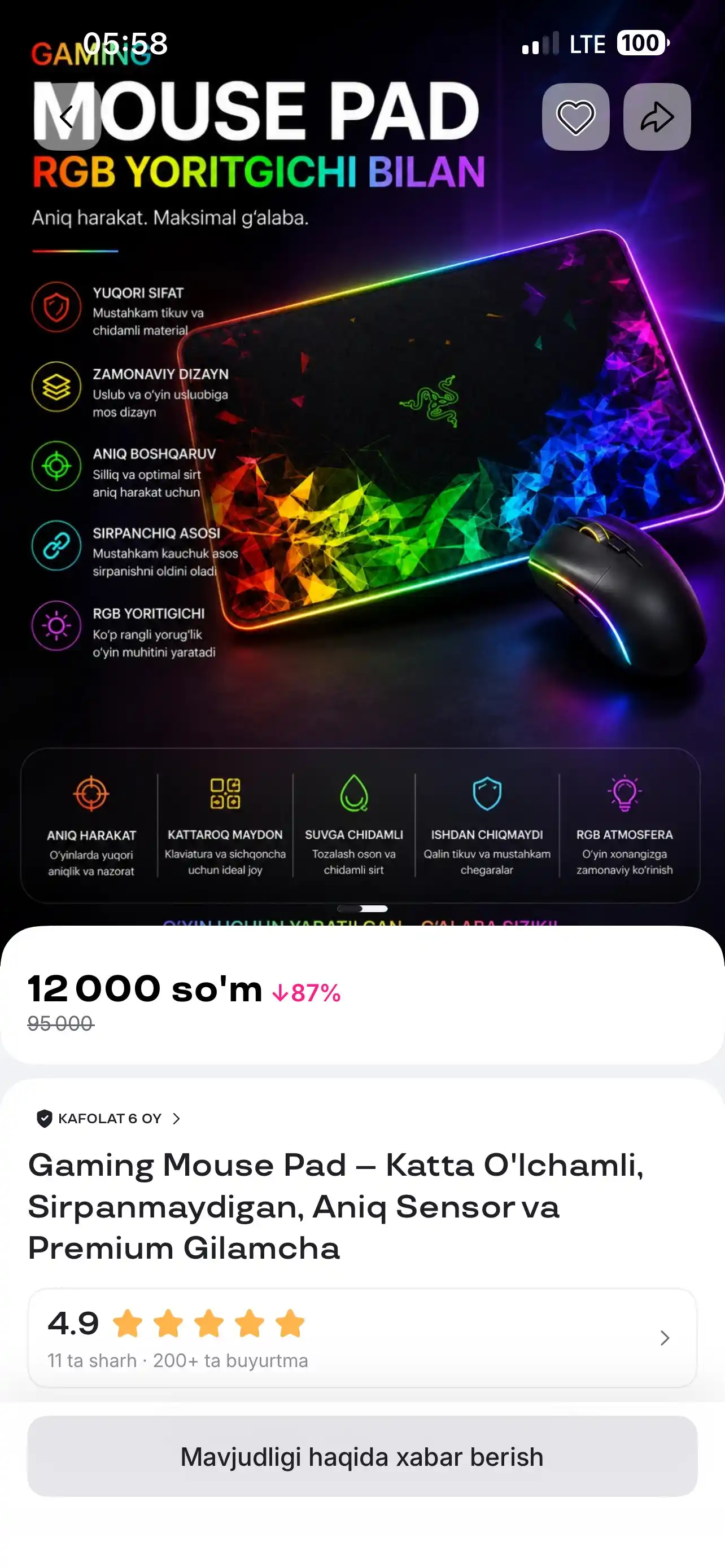 Gaming Mouse Pad – Katta O'lchamli, Sirpanmaydigan, Aniq Sensor va Premium Gilamcha
