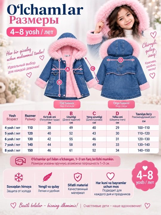 4-8 yoshli qizlar uchun jaket, jinsi, tabiiy mo‘ynali kapyushon, issiq va zamonaviy