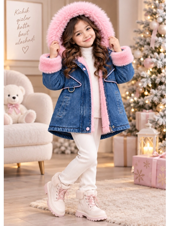 4-8 yoshli qizlar uchun jaket, jinsi, tabiiy mo‘ynali kapyushon, issiq va zamonaviy