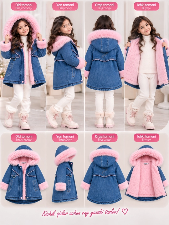 4-8 yoshli qizlar uchun jaket, jinsi, tabiiy mo‘ynali kapyushon, issiq va zamonaviy