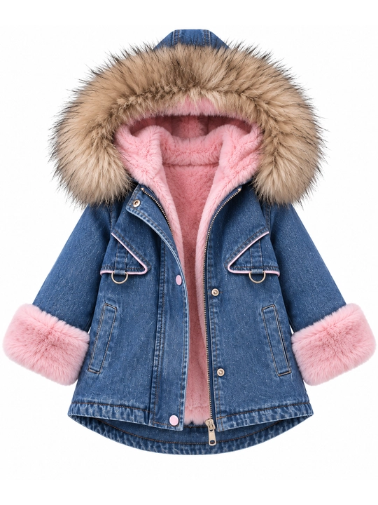 4-8 yoshli qizlar uchun jaket, jinsi, tabiiy mo‘ynali kapyushon, issiq va zamonaviy