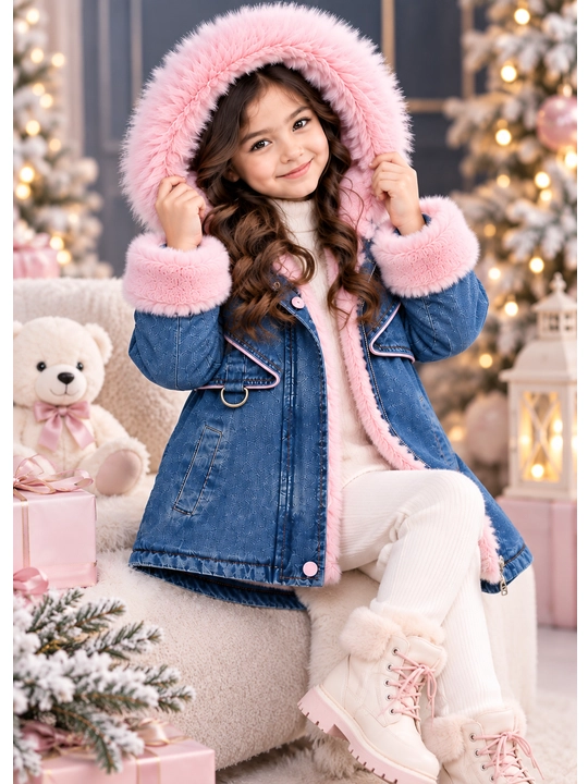 4-8 yoshli qizlar uchun jaket, jinsi, tabiiy mo‘ynali kapyushon, issiq va zamonaviy