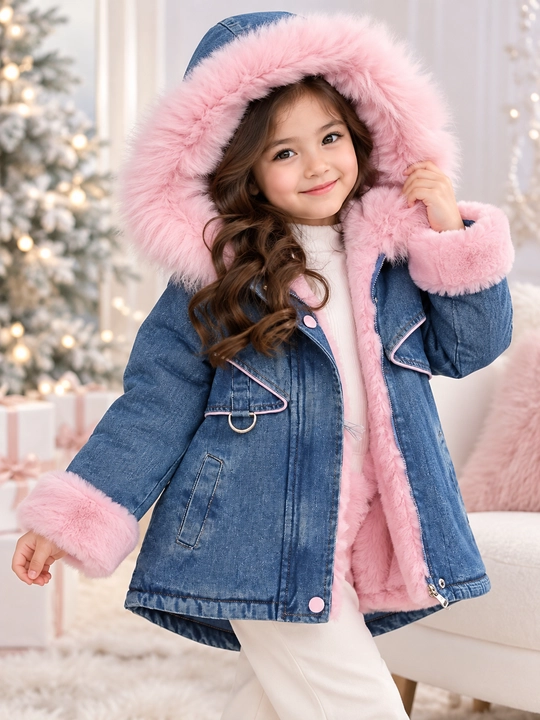 4-8 yoshli qizlar uchun jaket, jinsi, tabiiy mo‘ynali kapyushon, issiq va zamonaviy - 