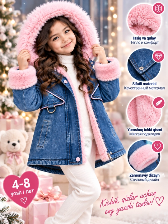 4-8 yoshli qizlar uchun jaket, jinsi, tabiiy mo‘ynali kapyushon, issiq va zamonaviy