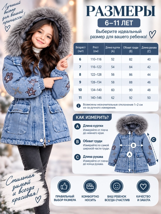Зимняя джинсовая куртка для девочек 6–11 лет, меховой капюшон, тёплая подкладка