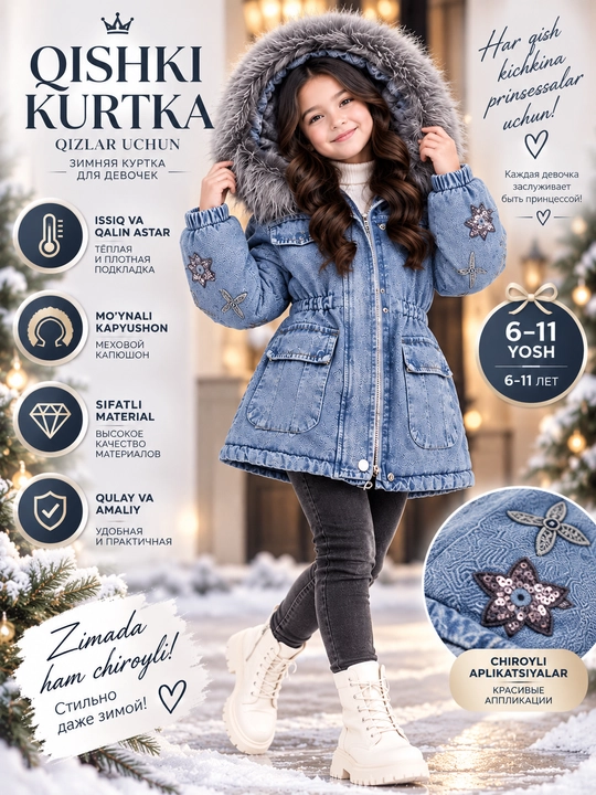 Зимняя джинсовая куртка для девочек 6–11 лет, меховой капюшон, тёплая подкладка