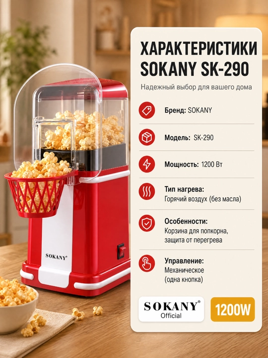 SOKANY Попкорница, аппарат для попкорна, 1200 Вт, без масла, быстрая и удобная
