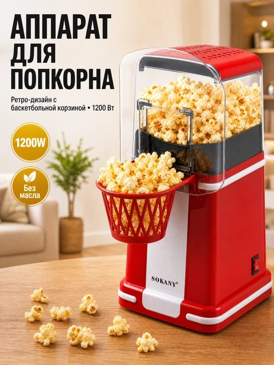 SOKANY Попкорница, аппарат для попкорна, 1200 Вт, без масла, быстрая и удобная