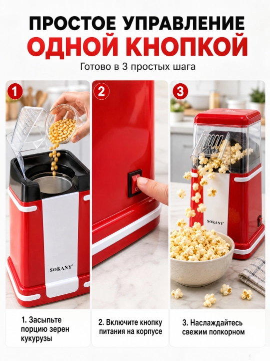 SOKANY Попкорница, аппарат для попкорна, 1200 Вт, без масла, быстрая и удобная