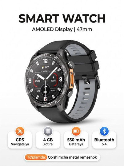 Aqlli soat, Smart Watch AMOLED, HD300Pro, 47 mm, GPS, 4 GB, Bluetooth 5.4 - 