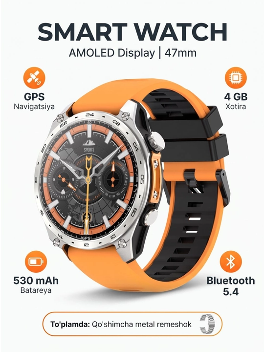 Aqlli soat, Smart Watch AMOLED, HD300Pro, 47 mm, GPS, 4 GB, Bluetooth 5.4 - 