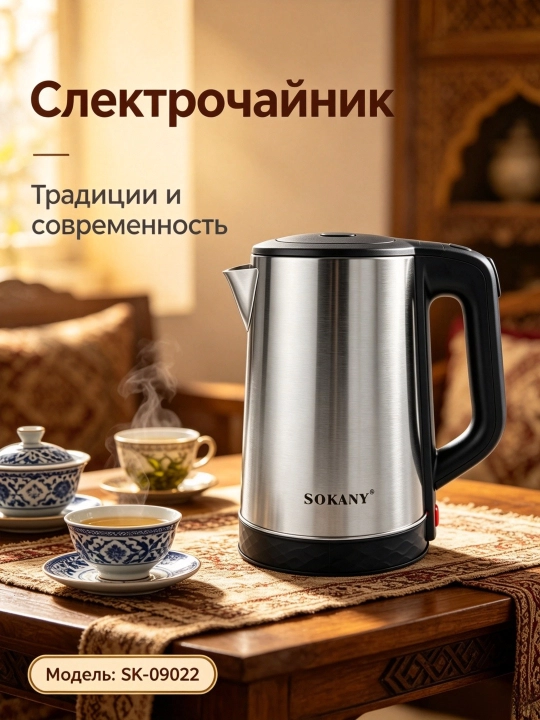 Электрочайник SOKANY SK-09022, 2,3 л, 1500 Вт, нержавеющая сталь - 