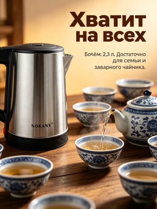 Elektr choynak SOKANY SK-09022, 2,3 l, 1500 Vt, zanglamaydigan po'latdan