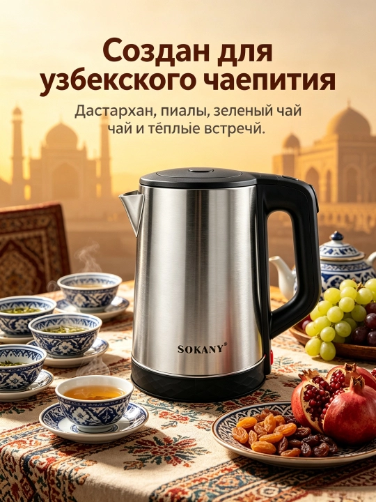 Elektr choynak SOKANY SK-09022, 2,3 l, 1500 Vt, zanglamaydigan po'latdan
