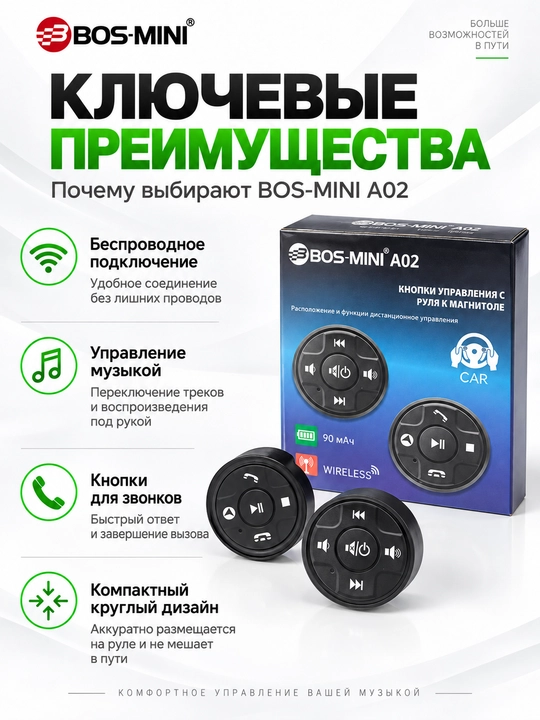 BOS-MINI A02 rul uchun simsiz magnitola tugmalari, 2 pult, 90 mA·soat